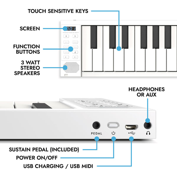 Carry-On Music Bundle: White Folding Piano 88 Touch & Carry-On SH-100 Studio Headphones