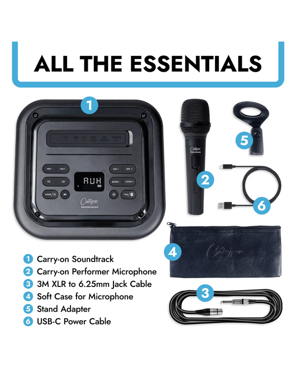 Carry-On Music Bundle: Soundtrack Portable Bluetooth Speaker & Dynamic Microphone with XLR-Jack Cable - Black
